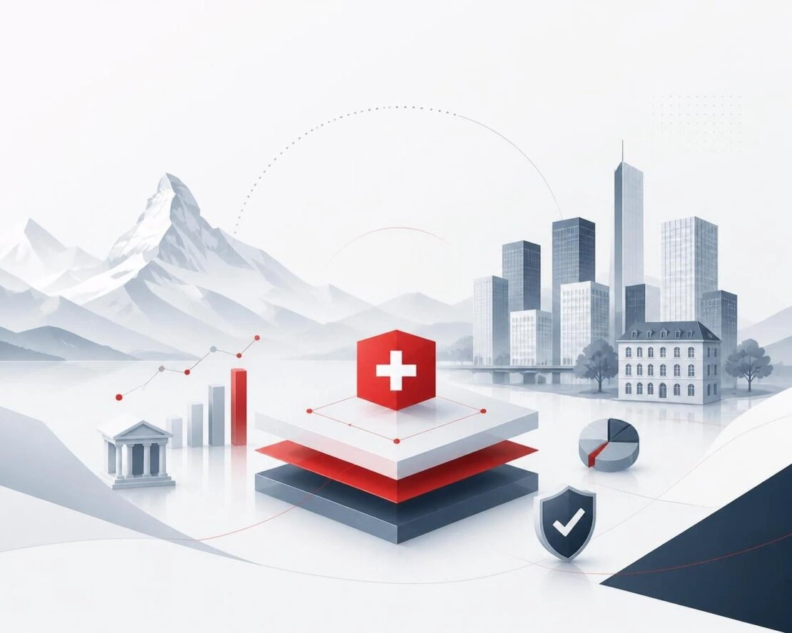 Paysage suisse avec drapeau symbolisant l’ancrage suisse d’une holding